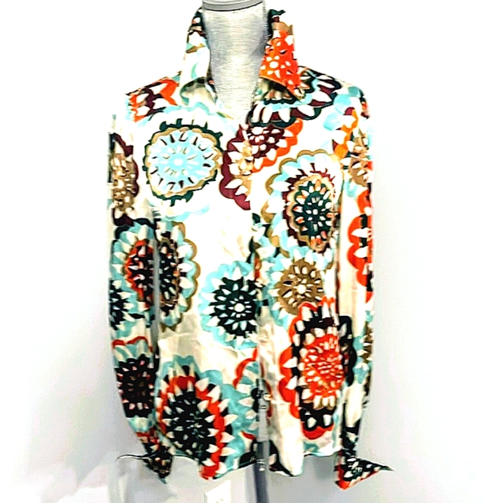 NWT Escada 6/ M Charmeuse Silk Orange Teal Cream French Cuff All Seasons Blouse